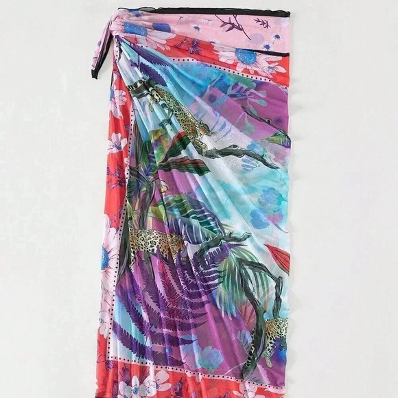 Multicolor Women's Tropical Print Knot Side Cover Up Skirt - Picture 4 of 6